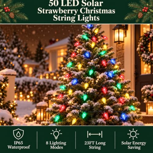 50 LED Solar Strawberry Christmas String Lights, IP65 Waterproof - 1 Pack