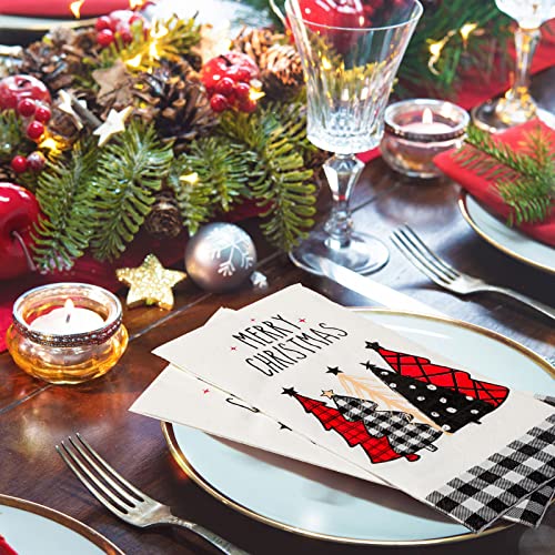 Christmas Paper Napkins Bulk - Watercolor Tree & Buffalo Plaid Design, 100 Pack