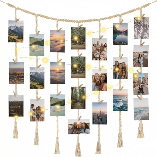 Macrame Hanging Photo Display with String Lights and Wooden Beads