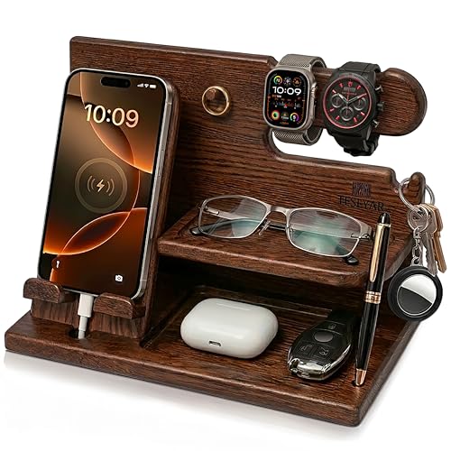 Wooden Phone Docking Station Bedside Organizer for Men Brown