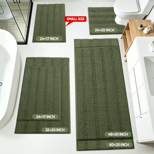 ACCUMTEK Olive Green U Shape & Rectangular Bathroom Rug Set - Plush Chenille Non Slip Bath Mats, 24x20 & 48x20 Inches