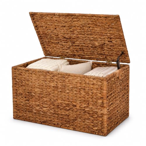 Hand-Woven Water Hyacinth Storage Trunk with Hinged Lid and Handles