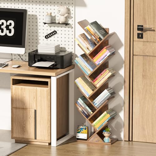 10-Tier Tree Bookshelf, Narrow Tall Wood Bookcase for Small Spaces
