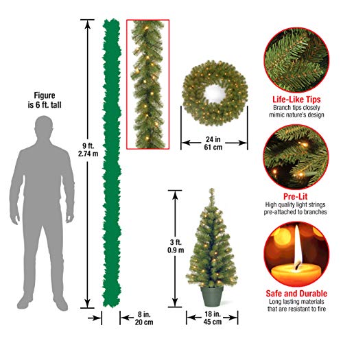 Pre-Lit Artificial Christmas Tree Set with Wreath and Garland - Indoor & Outdoor Holiday Decor