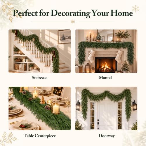 Worthyeah 2 Pcs 9 Ft Real Touch Norfolk Pine Garland for Mantel, Indoor/Outdoor Christmas