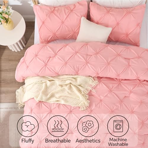 Pink Queen Comforter Set - Soft Pintuck Bedding with 2 Pillowcases