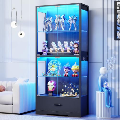 4-Tier Glass Display Cabinet with LED Lights and Drawer, Black