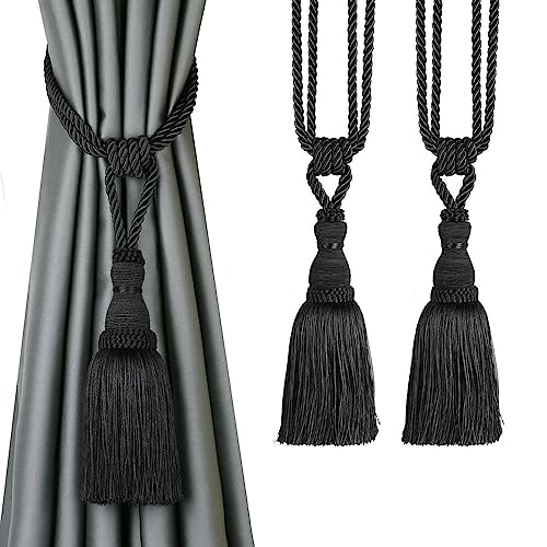 2-Pack Handmade Tassel Curtain Tiebacks - 23.6-Inch Silky Drapery Holdbacks