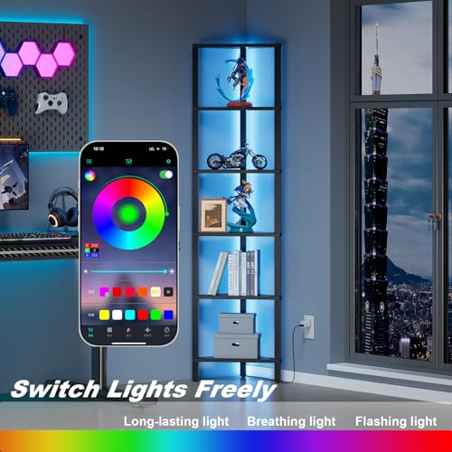 6-Tier Corner Bookshelf with LED Lights, Narrow Storage Display Stand
