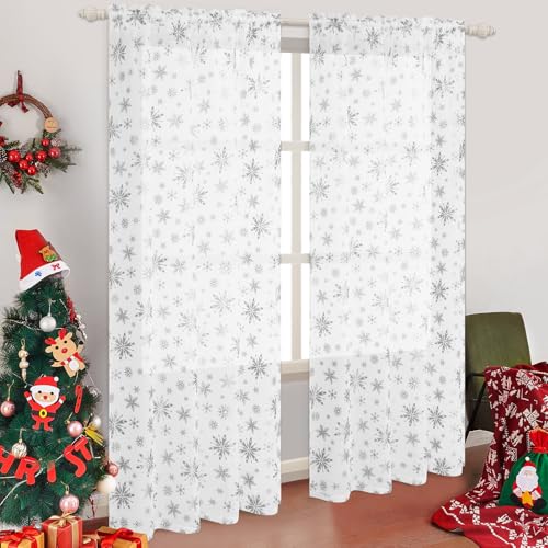 FRAMICS White-Silver Foil Snowflake Sheer Curtains for Christmas, 52W x 84L, 2 Panels with Rod Pocket