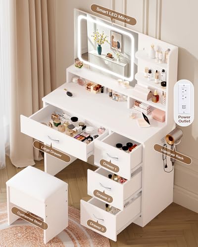 White Makeup Vanity Desk with LED Mirror & Charging Station - 4 Drawers, Stool