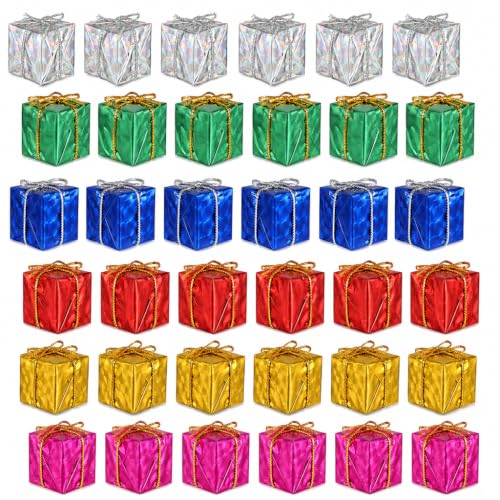 36Pcs Mini Christmas Tree Ornaments Set - 1 Inch Foil Gift Boxes with Hanging Rope