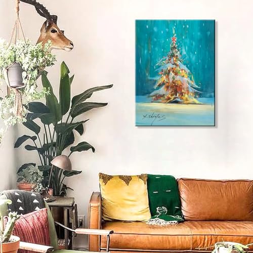 JZLDZS Christmas Tree Canvas Wall Art 24x32 Inches Framed Blue & Yellow Holiday Decor