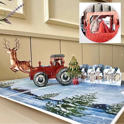 AIMEEOI Vintage Christmas Card with Santa in Red Truck & Reindeer, 5x7 Holiday Greeting with Envelopes, Unique Pop Up Design