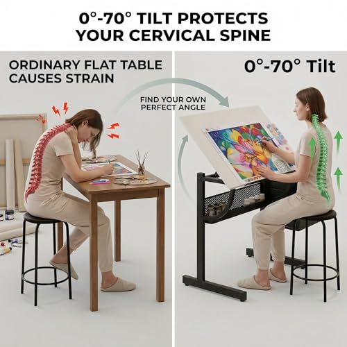 Adjustable Drafting Table with Stool and 3 Drawers, Tilting Art Desk