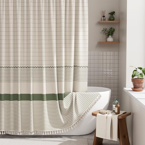 Boho Faux Linen Shower Curtain with Tassels, 72x72 Inch Farmhouse Style