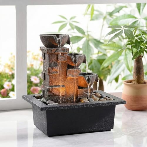 Tabletop Water Fountain with LED Lights & River Rocks - 3-Tier Zen Waterfall