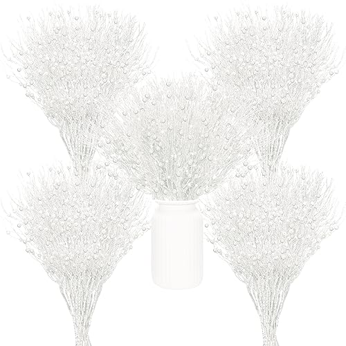 White 60 Pcs Winter Glitter Berry Stem Decorations - 17in Each