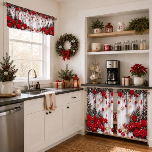ZORKET Xmas Poinsettia 36W x 55L 3-Piece Kitchen Curtain Set with Valance (Over Sink) - Holiday Window Decor