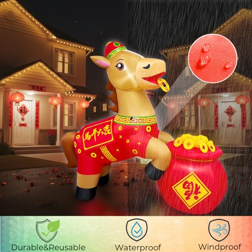 6FT Inflatable Chinese Horse for Lunar New Year Decorations with LED Lights