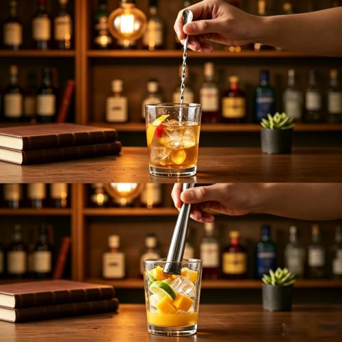 Melunira 10-Inch Silver Cocktail Muddler Set with 2 Spoons - Barware