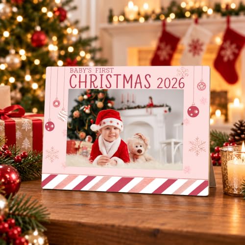 CBFEBCBST First Christmas-2 Pink Baby's First Christmas 2026 Picture Frame, 4x6 Easel-Back