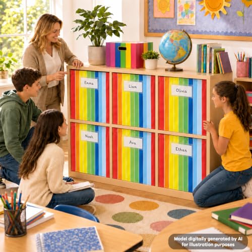 6-Piece Rainbow Classroom Cabinet Curtains for Shelves with Label Pockets