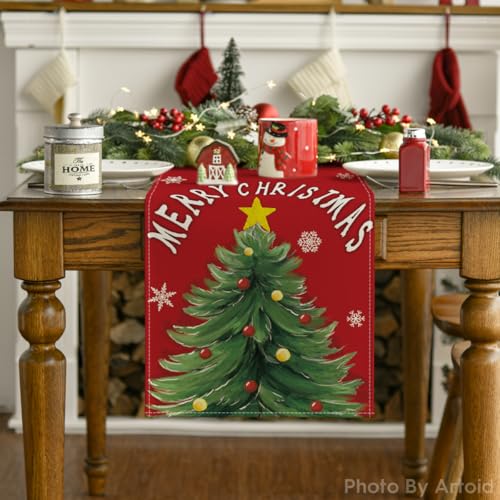 Red Xmas Pine Snowflake Table Runner 13x108 Inch Holiday Home Decor