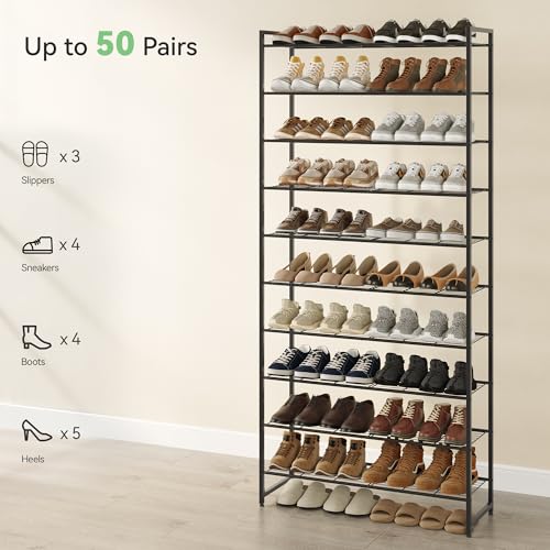 10-Tier Metal Shoe Rack Organizer - Large Capacity 50 Pair Shoe Storage Shelf