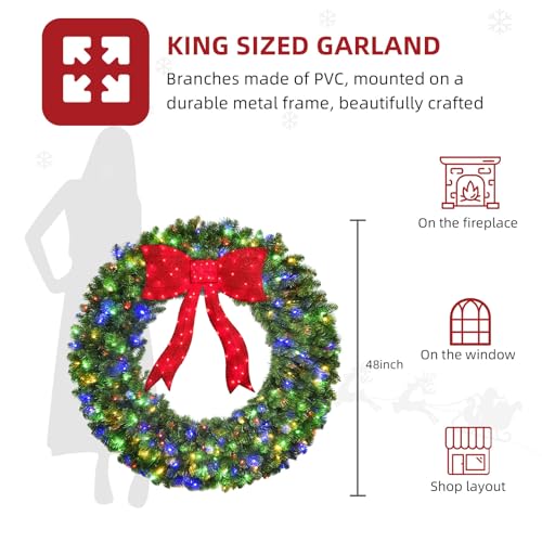48in Pre-Lit Christmas Wreath with Bow, 270 LED Lights, Timer, Remote, Outdoor Decor