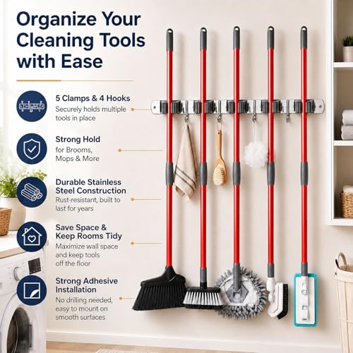 Stainless Steel Mop and Broom Holder Wall Mount with 5 Racks and 4 Hooks