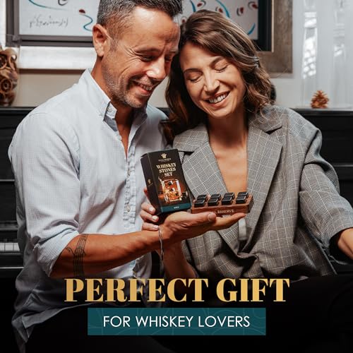 Royal Reserve Whiskey Stones Gift Set with Brown Wooden Tray – 8 Granite Chilling Rocks for Spirits