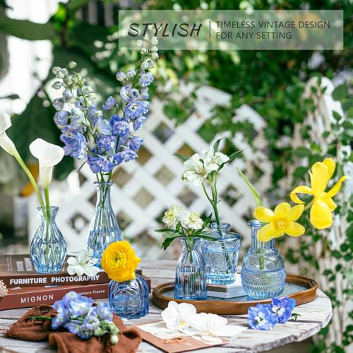 Blue Glass Bud Vases Set of 16 - Vintage Mini Flower Vases for Centerpieces