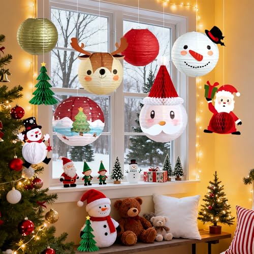 Easy Joy Christmas Paper Lanterns Set - Red, Green & Gold Holiday Decorations with 3D Xmas Hats, Santa, Snowman & Trees - 11 pcs