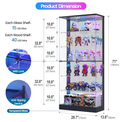 71-Inch 6-Tier Tall Glass Display Cabinet with RGB LED Lights & Mirrored Back