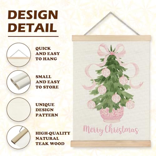 LUVADIAN Pink Coquette Wall Art with Christmas Tree & Bow - 12x16 Inches