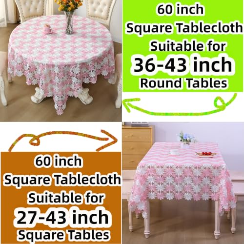 Pink Crochet Tablecloth 60x60 inches Farmhouse Floral Lace Cover for Round or Square Table - Pink-White
