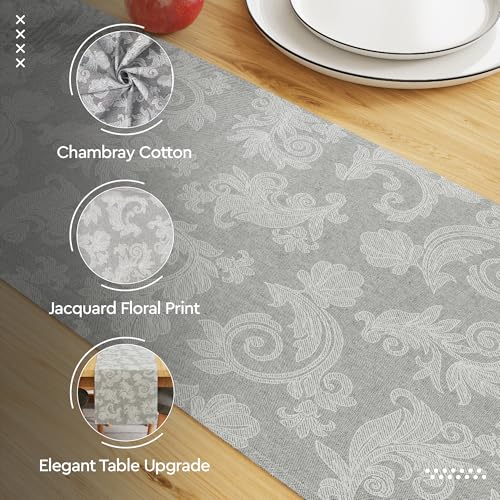 Encasa XO Floral Cotton Table Runner 13x59 in Grey - 4 Seater