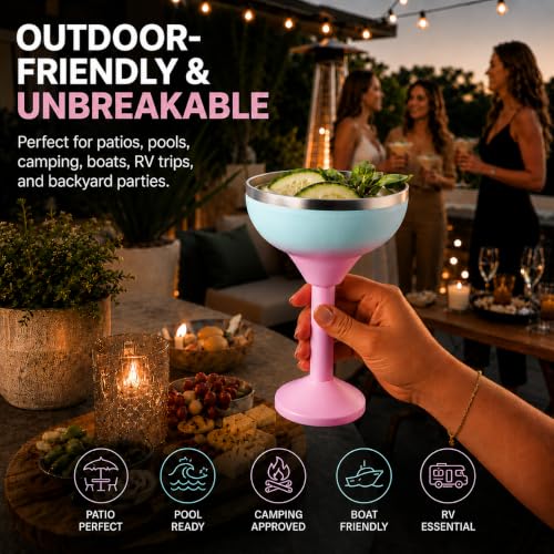 Hemli Insulated Margarita Glass Tumbler with Lid - Green Pink, Keeps Drinks Cold 12 Hours