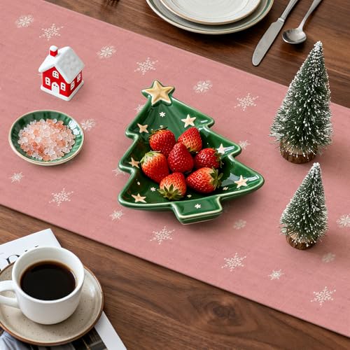 OTOSTAR Merry Christmas Table Runner 13x72 Inch - Pink Tree Snowflake Farmhouse Kitchen Decor