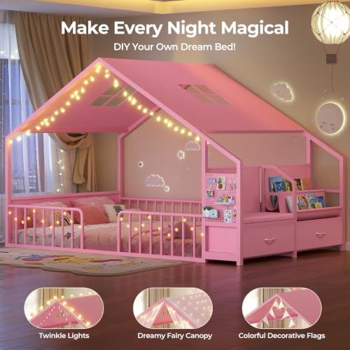 Montessori House Floor Bed with Reading Nook, Storage Drawers & Guardrails
