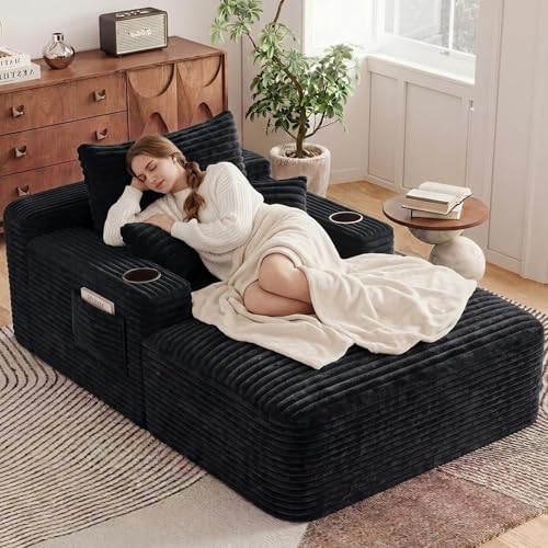 65" Oversized Corduroy Chaise Lounge Chair with Cup Holders, Black