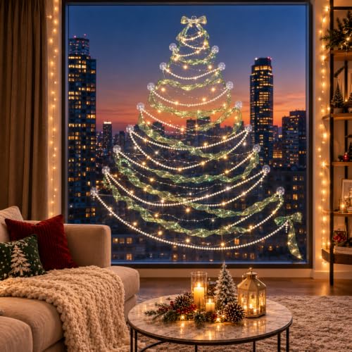 6 Pcs Christmas Wall Tree Kit with Pearl Garland & USB Fairy Lights