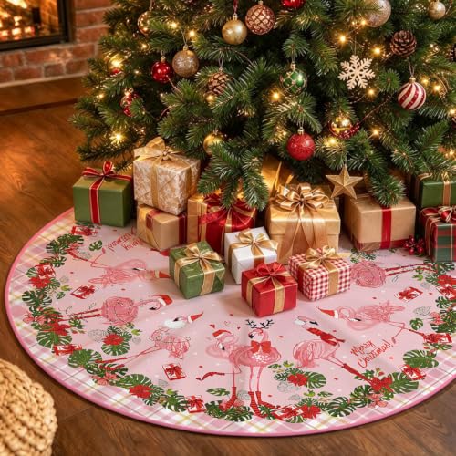 Pink Flamingo Christmas Tree Skirt 48 Inch Holiday Decor for 6-8 ft Trees