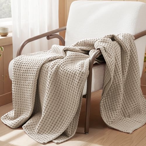 Lightweight 100% Cotton Waffle Blanket Queen Size - Khaki, 90x90 Inches
