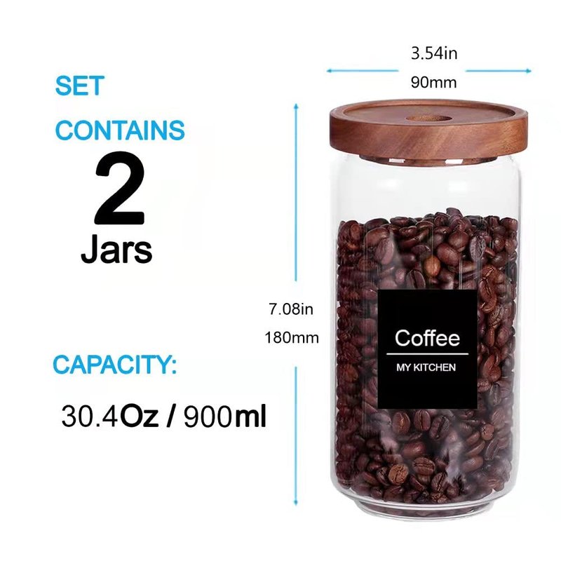 SAIOOL Home Borosilicate Glass Kitchen jars/Canisters with Acacia Wood Airtight Lid Set-2 Pack 30Oz/900ml,Minimalist Preprinted Farmhouse Style. White Matte Sticker Black Text.