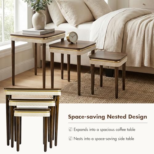 3-Piece Nesting Table Set, Mid-Century Walnut Side Tables with Gold Trim