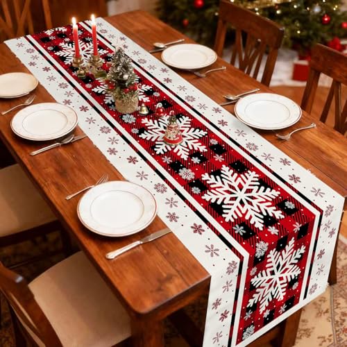 Christmas Table Runner 13x90 Inch Red & Black Buffalo Plaid Snowflake Pattern Linen