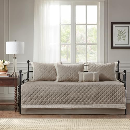 100% Cotton 6-Piece Daybed Cover Set - Diamond Quilted Khaki Bedding