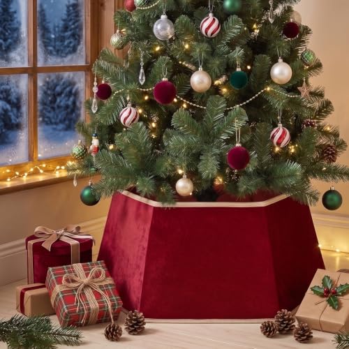 JoyMingle 26-Inch Red Velvet Christmas Tree Skirt with Gold Trim